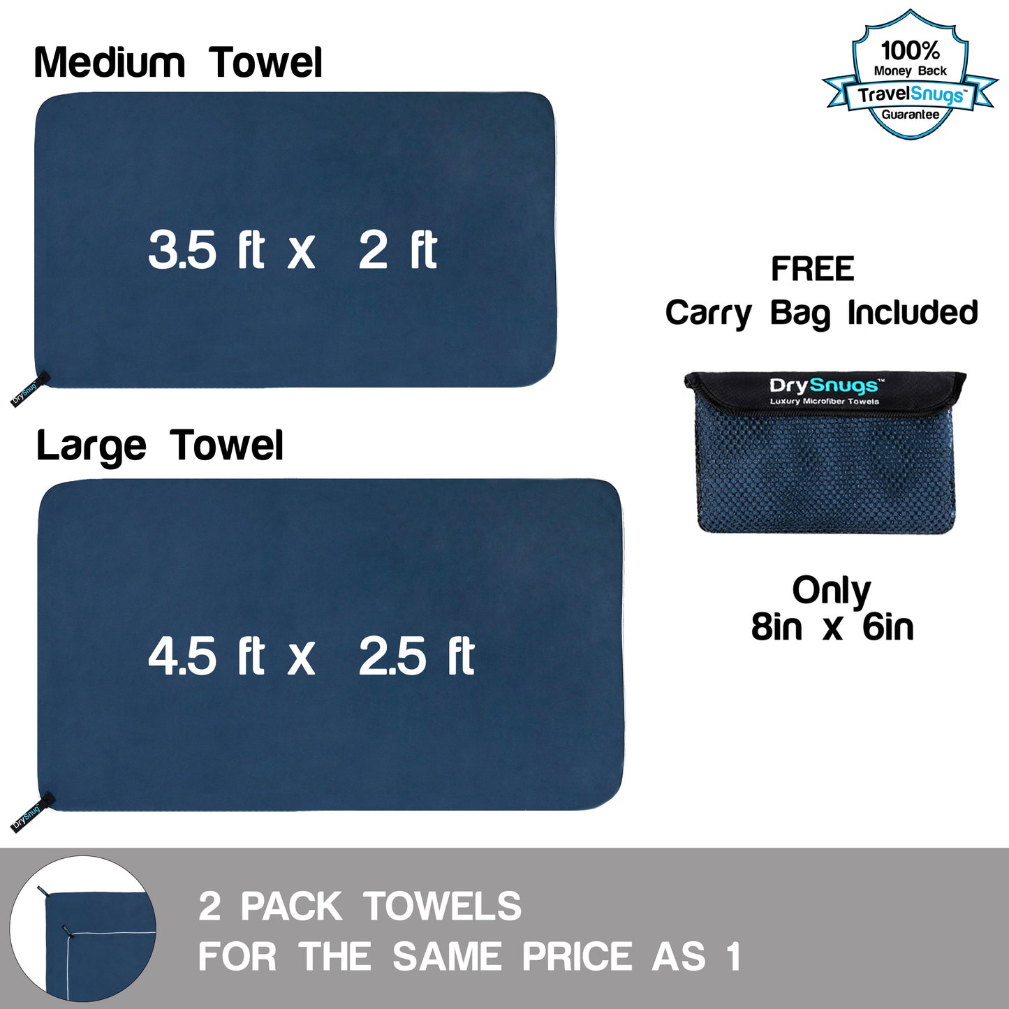 DrySnugs - Luxury Microfiber Travel Towels - 2 Pack